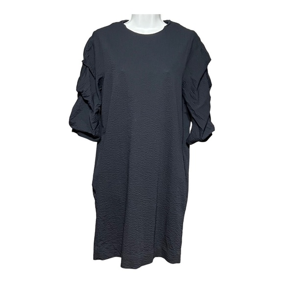 COS Tricot Crepe Puff Sleeve Pocket Shift Dress Navy Textured Knee Length Small - Picture 1 of 8